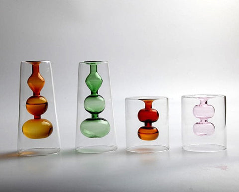 Vase soliflore en forme de gourde en Verre présentation côte à côte styles Orange M & Vert M & Orange S & Rose S