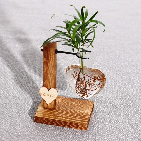 Vase soliflore forme cœur avec support en Verre & bois soliflore Modèle Cœur Présentation