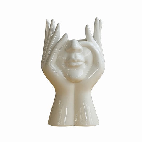 Vase Tête pensante blanc Céramique modèle Grand Vase visage sur fond blanc 