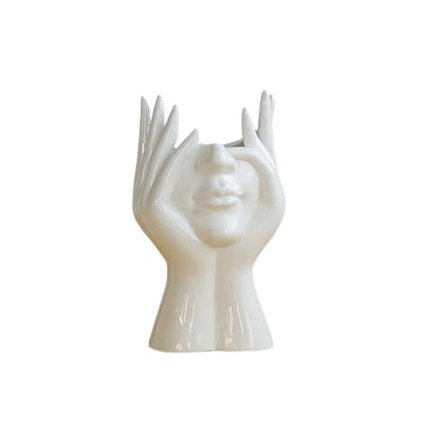 Vase Tête pensante blanc Céramique modèle Petit Vase visage sur fond blanc
