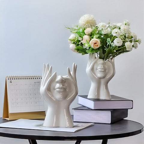 Vase Tête pensante blanc deux modèles - Céramique original Vase Cute Garnd Vase visage & Petit Vase visage présentation 