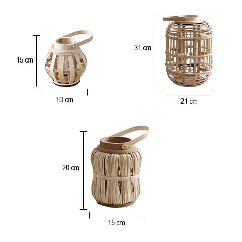 Vase lanterne tissé avec anse en Bambou et Verre dimensions de tous les modèles.